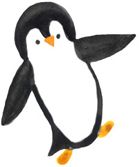 Funny dancing cartoon penguin on a white . watercolor hand drawing illustration for the design and print