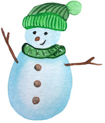 Cartoon snowman in a hat. watercolor hand drawing illustration for design posters, prints, cards