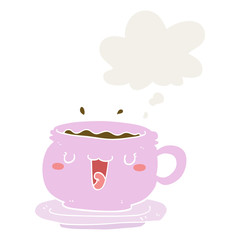 cute cartoon cup and saucer and thought bubble in retro style