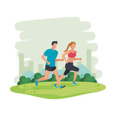 young athletic couple running in the park