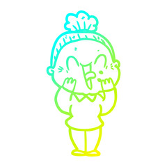 cold gradient line drawing cartoon happy old woman