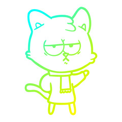 cold gradient line drawing bored cartoon cat in winter clothes