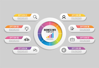 Fototapeta premium Vector Infographic Design Template with 8 Options Steps and Marketing Icons. Business Data Visualization can be used for info graph, presentations, process, diagrams, annual reports, workflow layout