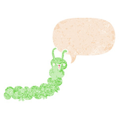cartoon caterpillar and speech bubble in retro textured style
