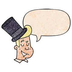 cartoon man wearing top hat and speech bubble in retro texture style