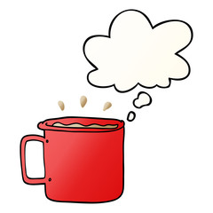 cartoon camping cup of coffee and thought bubble in smooth gradient style