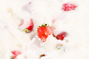 Red natural ripe strawberries falling into milk cream