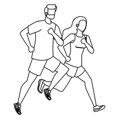 young athletic couple running characters