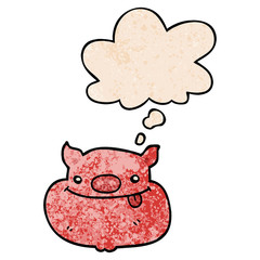 cartoon happy pig face and thought bubble in grunge texture pattern style