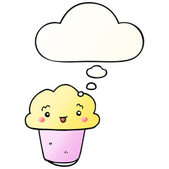 cartoon cupcake with face and thought bubble in smooth gradient style