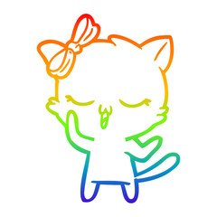 rainbow gradient line drawing cartoon cat with bow on head