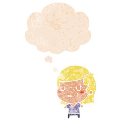 cartoon woman and thought bubble in retro textured style