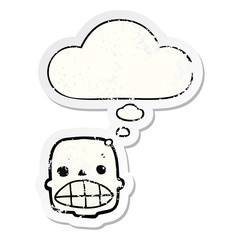 cartoon skull and thought bubble as a distressed worn sticker