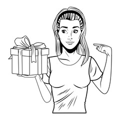 young woman with a gift box in black and white pop art