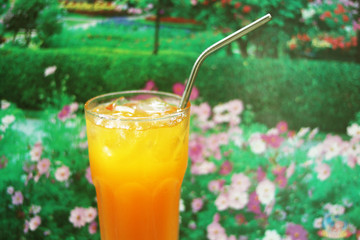 Fresh orange juice in crystal glass with stainless steel straw for drink on flower park background . Concept for reduce plastic pollution ,support green eco friendly products .