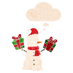 cartoon snowman and thought bubble in retro textured style