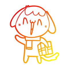 warm gradient line drawing cute cartoon dog with christmas present