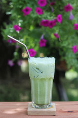 Iced green tea in crystal glass with stainless steel straw for drink.  Concept for reduce plastic pollution and support green eco friendly products.