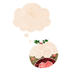 cartoon shocked chrstmas pudding and thought bubble in retro textured style