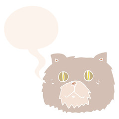 cartoon cat face and speech bubble in retro style