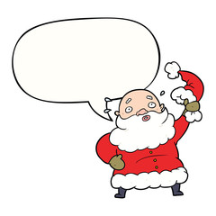 cartoon santa claus waving his hat and speech bubble