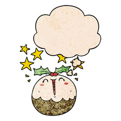 cute cartoon happy christmas pudding and thought bubble in grunge texture pattern style