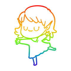 rainbow gradient line drawing happy cartoon elf girl wearing dress