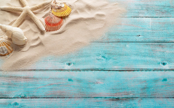 Image of seashells and starfish on a blue wooden background with copy space. Concept for beach or summer.