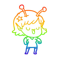 rainbow gradient line drawing happy alien girl cartoon laughing