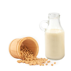 soy beans , soy milk in glass bottle isolated on white background.