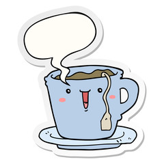 cute cartoon cup and saucer and speech bubble sticker