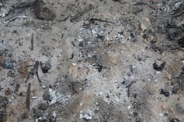ash from burnt wood on the ground background