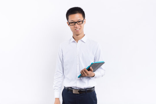 Asian Business Man With Tablet Computer Isolated On White Background