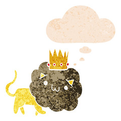 cartoon lion with crown and thought bubble in retro textured style