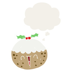 cute cartoon christmas pudding and thought bubble in retro style
