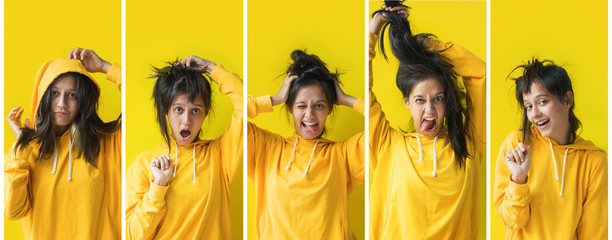 Collage of young coquetting girl. Human emotions