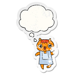 cartoon cat and thought bubble as a distressed worn sticker