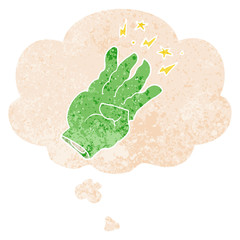 cartoon spooky magic hand and thought bubble in retro textured style