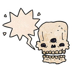 cartoon spooky skull and speech bubble in retro texture style