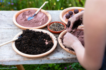 woman is manufacturing seed balls or seed bombs on a wooden table