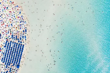 Fotobehang La Pelosa Strand, Sardinië, Italië Stunning aerial view of the Spiaggia Della Pelosa (Pelosa Beach) full of colored beach umbrellas and people sunbathing and swimming in a beautiful turquoise clear water. Stintino, Sardinia, Italy.