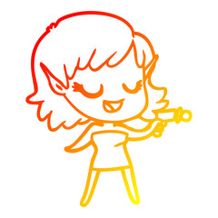 warm gradient line drawing happy cartoon space girl with ray gun