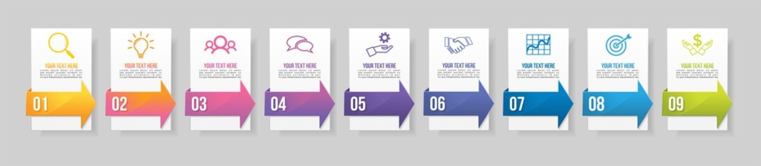 Vector Infographic Design Template with 9 Options Steps and Marketing Icons. Business Data Visualization can be used for info graph, presentations, process, diagrams, annual reports, workflow layout