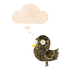 cartoon bird and thought bubble in retro textured style
