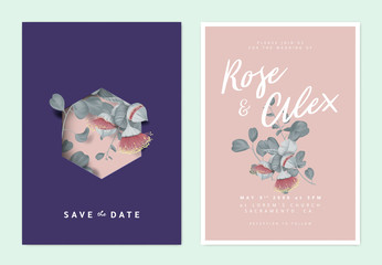 Minimalist botanical wedding invitation card template design, Eucalyptus rhodantha flowers and leaves, dark purple and light red vintage theme