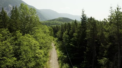 An aerial, cinematic, moving view of a dirtroad, shot in Terrace, B.C. Canada during the summer months on a sunny day.