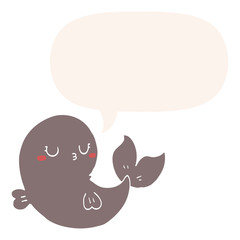 cute cartoon whale and speech bubble in retro style