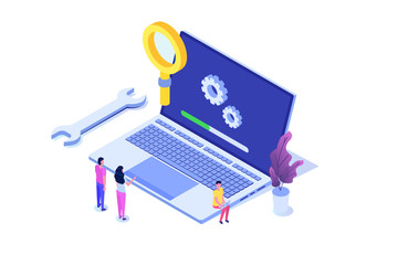 Laptop System update flat style concept. Vector isometric illustration