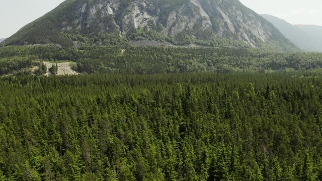 An aerial, cinematic, revealing view of Copper Mountain, shot in Terrace, B.C. Canada during the summer months on a sunny day.