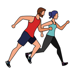 young athletic couple running characters